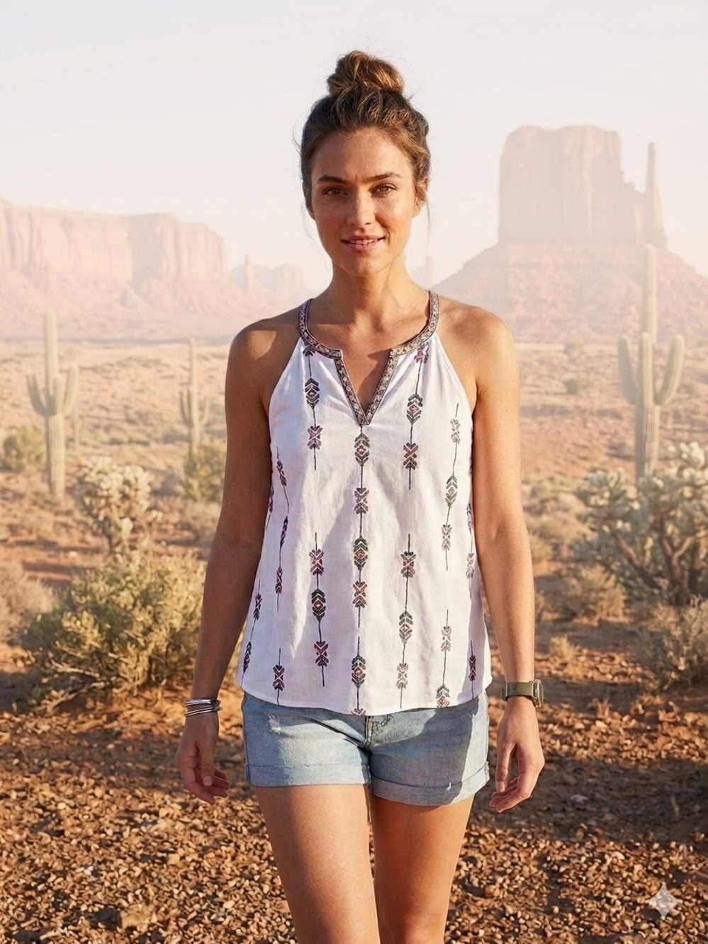 SKIES ARE BLUE Sleeveless Halter Top White/Red Black Aztec Embroidered Print SP